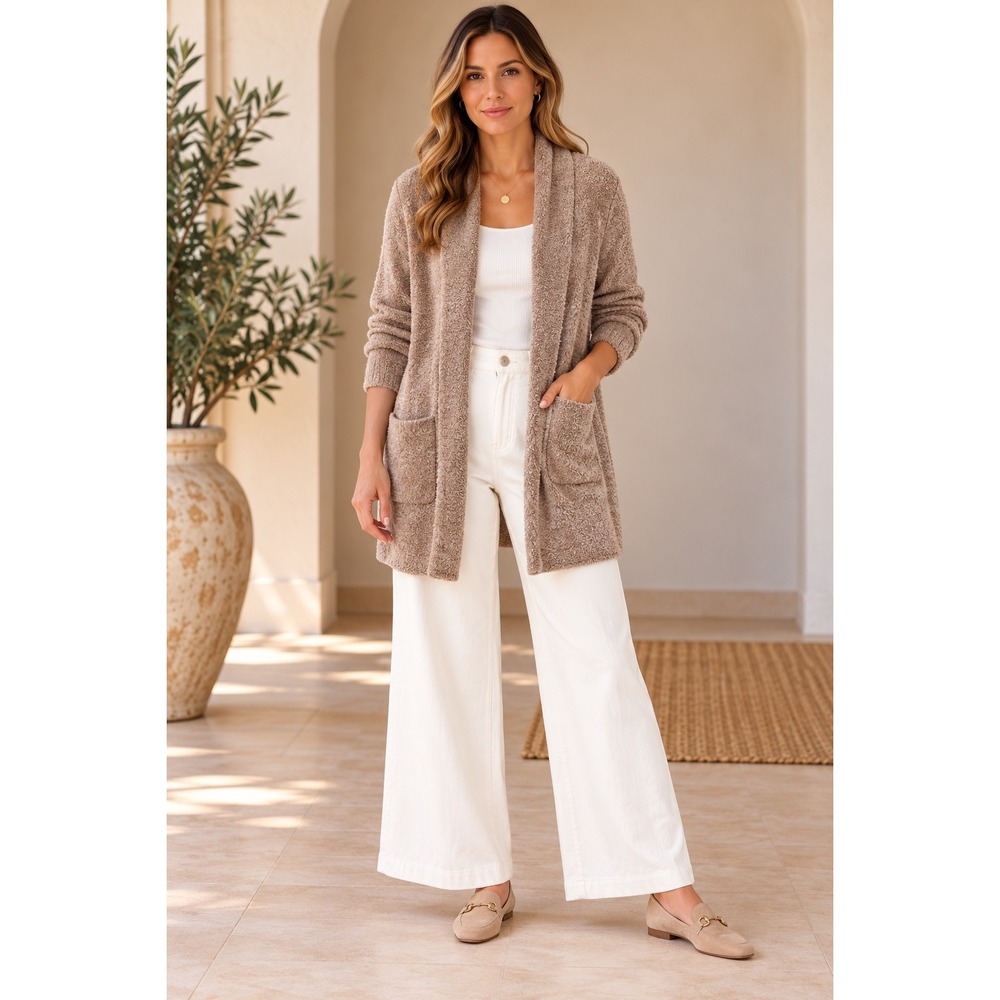 Barefoot Dreams CozyChic Lite Taupe Open Front Long Cardigan Size L Pockets